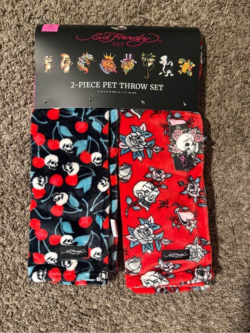 Ed Hardy Pet Throw Set - Red & Black Tattoo Cherry and Skull Prints
